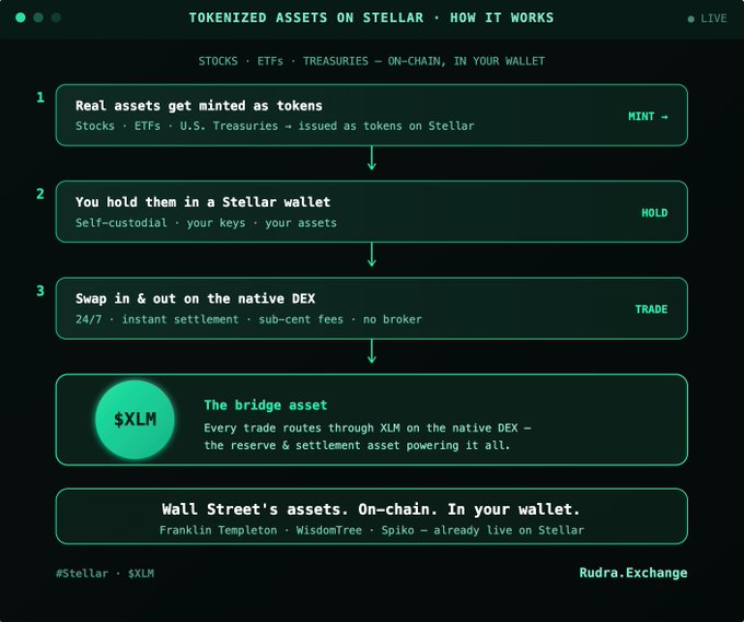 The image presents a step-by-step guide of how to trade tokenized assets using a cryptocurrency platform named Stellar. The user interface displays the process, starting from real assets getting minted as tokens, going through the trading steps on tokens, holding them in a Stellar wallet, and finally swapping these tokens on the native DEX for different assets like ETFs or Treasuries.