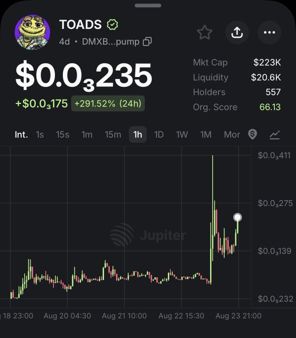 A Jupiter mobile app chart for the 'TOADS' token showing a price of $0.0₃235, up 291.52% in 24h, with a market cap of $223K and 557 holders.