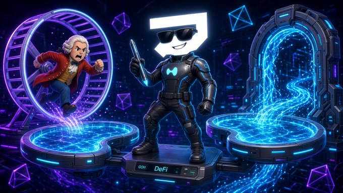 A digital artwork shows a character in a futuristic black suit with sunglasses holding a glowing blue pen, standing between portals, with an 'M' logo character and a flying older man in the background, labeled 'GM DeFi'.