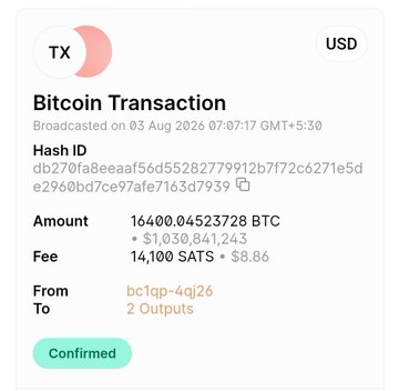 The image displays a confirmed Bitcoin transaction record showing a transfer of 164,000,045,237,280 satoshis (16,400 BTC) valued at $1,030,841,243 with a network fee of just 14,100 SATS ($8.86), broadcast on August 3, 2026—supporting the post's claim about a $1 billion BTC move executed for under $9 in fees, exemplifying Bitcoin's capability to transfer massive value globally at minimal cost.