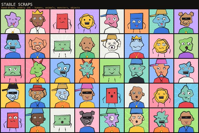 A grid titled "STABLE SCRAPS" displays various cartoon-style characters described as "weird-faced versions of humans, animals, monsters, objects" in colorful squares.