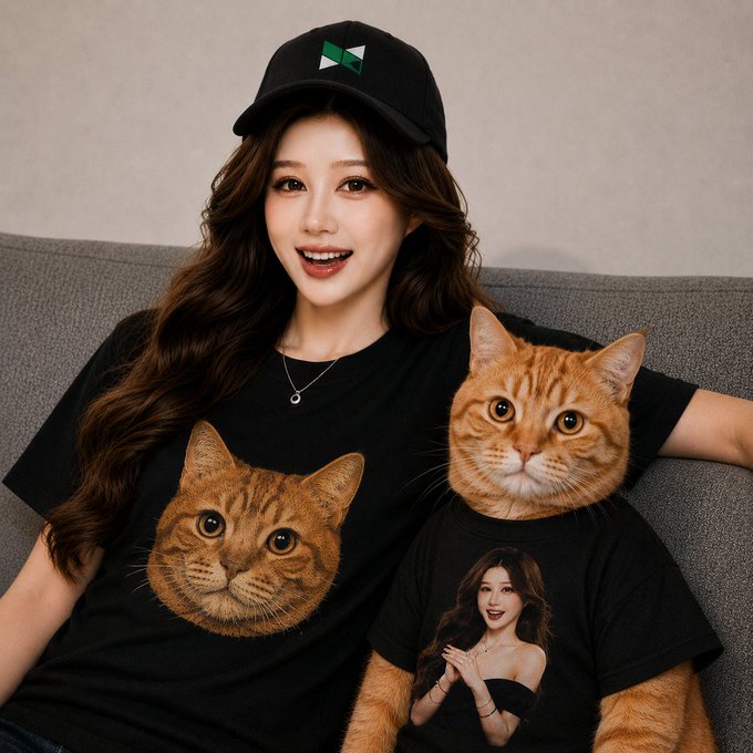 A woman wearing a black cap with a green logo and a black t-shirt featuring an orange cat's face smiles while sitting on a gray couch next to an actual orange tabby cat also wearing a matching black t-shirt. The image playfully pairs her "GM" (good morning) post with cozy, cute feline vibes to start the day on a cheerful note.