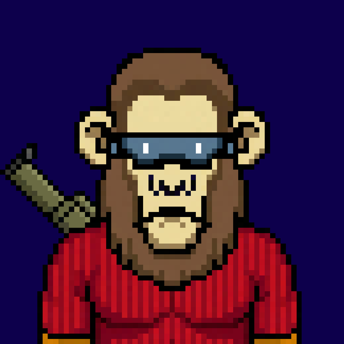 A pixel art illustration of a bearded monkey wearing blue sunglasses and a red striped shirt, set against a dark purple background.