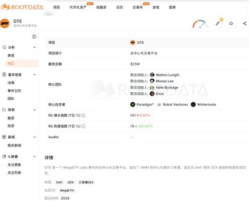 The image displays the RootData project page for GTE (a "MegaFi DeFi Layer" incubated by A16z Crypto, raising $26M from investors including Paradigm, Wintermute, Matrixport, and Flow Traders), which aligns with the post's details about the $26M funding round and Paradigm's involvement in the "Internet Exchange" project.
