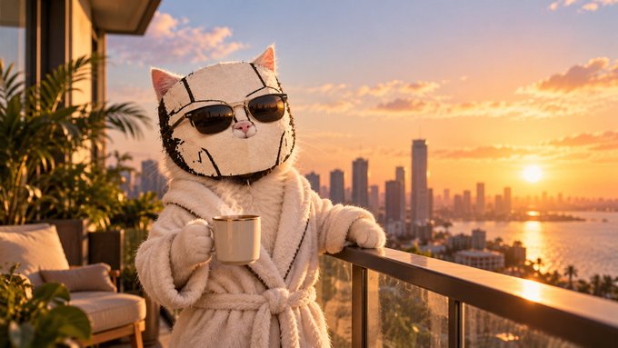An AI-rendered image of a fluffy white cat wearing black sunglasses and a beige bathrobe, holding a coffee mug on a balcony with a sunset cityscape in the background.