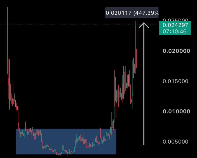 This trading chart shows a significant price increase, marked by a label of "0.020117 (447.39%)", indicating a substantial profit from the initial investment.