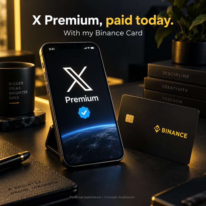 Concept illustration showing a smartphone displaying the X Premium logo on a space-themed screen alongside a black Binance Card, with text reading 'X Premium, paid today. With my Binance Card'.
