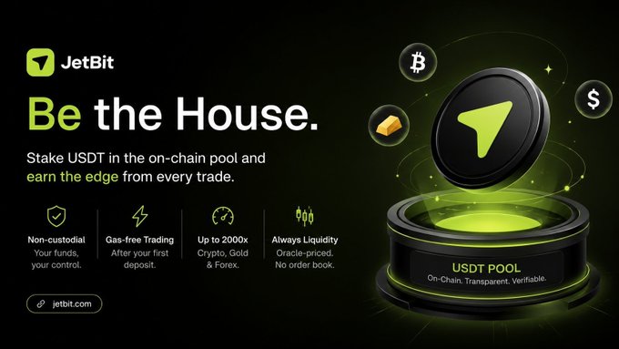A promotional banner for 'JetBit' with the tagline 'Be the House.', explaining how to 'Stake USDT in the on-chain pool and earn the edge from every trade,' highlighting features like 'Non-custodial' and 'Up to 2000x Crypto, Gold & Forex' leverage at jetbit.com.