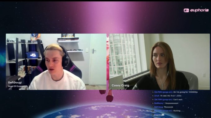 A split-screen video podcast featuring DefiDougi (Head Of Community) on the left and Casey Craig on the right, branded by euphoria, with a chat window on the right side showing user comments.