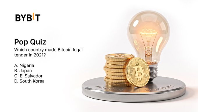 This image presents a "Pop Quiz" from Bybit asking which country made Bitcoin legal tender in 2021, with options including El Salvador.
