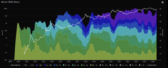 The image features a line graph with several different lines representing various cryptocurrencies, including Bitcoin, Ripple, Litecoin, and Ethereum, against a brown gradient background. The title of the graph reads "Bitcoin Long-Term-Holder HODL Waves". This suggests that the graph is showing fluctuations in cryptocurrency prices over time, specifically for Bitcoin, as indicated by the name of the graph.