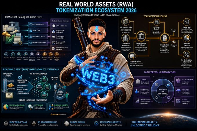 The image is a detailed infographic titled "REAL WORLD ASSETS (RWA) TOKENIZATION ECOSYSTEM 2026," featuring a central figure with a glowing "WEB3" emblem, surrounded by sections detailing the tokenization process, DeFi portfolio integration, on-chain RWAs for 2025, asset verification through blockchain layers, and stablecoin settlement. It visualizes the ecosystem of bridging real-world value to on-chain finance, highlighting that despite $30.9B in active RWA market cap on DeFiLlama, only $3.74B is actively deployed in DeFi—illustrating the gap between mere tokenization and meaningful utilization emphasized in the accompanying post.
