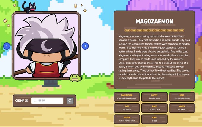 A pixel-art character profile page for 'MAGOZAEMON,' a chimp character (CHIMP ID 1-5555) with white hair and a jet black belt, described as a former cartographer turned teahouse runner in Great Panda City.