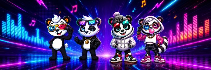 Four animated cartoon pandas strike cool, music-themed poses with sunglasses, headphones, and streetwear against a vibrant neon backdrop featuring sound equalizer bars and floating musical notes, visually capturing the energetic intersection of music and digital culture that the post explores. The playful characters—complete with accessories like a "RILEY" beanie and gold chain—embody the fun, collectible spirit of Web3 music while the equalizer visuals underscore the core message that the music itself must remain central rather than the surrounding tech and tokens.