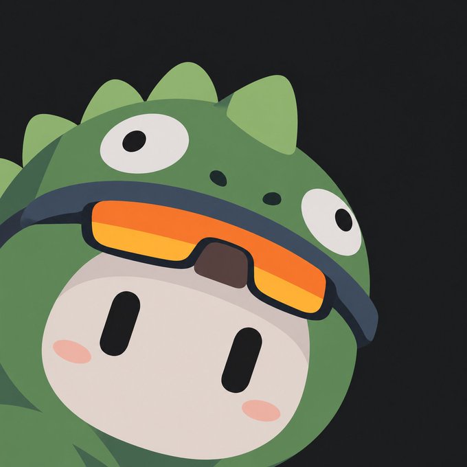 A stylized 2D illustration of a cute character wearing a green dinosaur hood and orange-rimmed sunglasses against a dark background.
