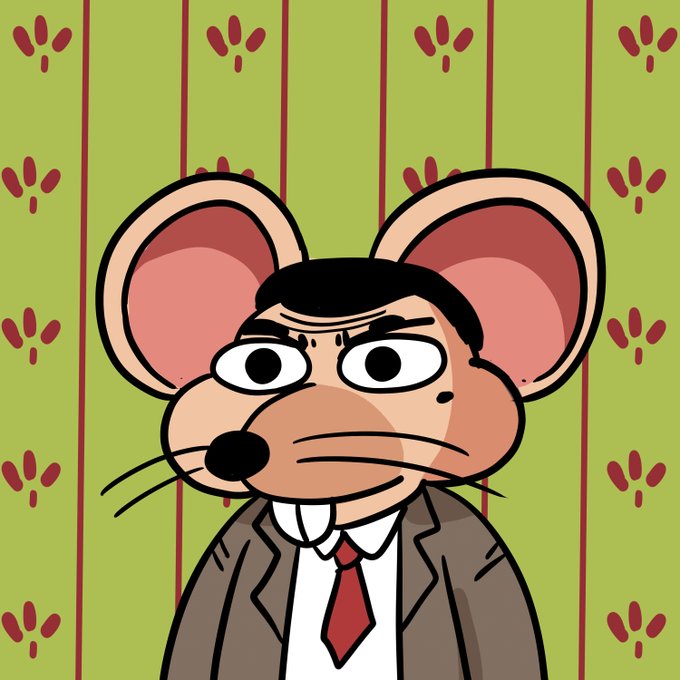 A cartoon illustration of a grumpy mouse character with large round ears, prominent teeth, and a long pink nose, wearing a brown suit jacket, white shirt, and red tie against a green background with red paw-print patterns.