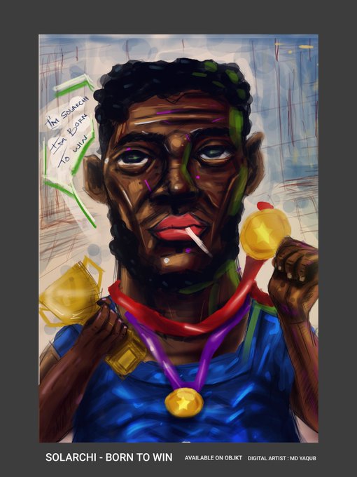 Colorful digital portrait titled 'SOLARCHI - BORN TO WIN' by artist MD YAQUB, showing a person with medals, a pendant, and a cigarette, with handwritten text reading 'I'm solarchi I'm born to win.'