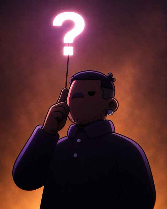 A cartoon figure in dark clothing holds up a glowing pink question mark on a stick against a dark reddish-brown background.