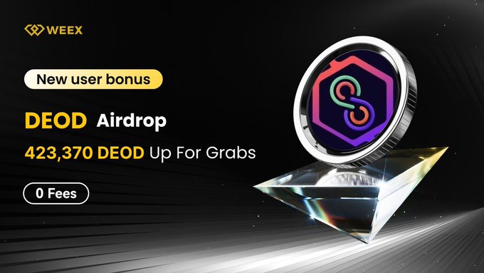 A promotional banner from Weex cryptocurrency exchange advertising a new user bonus airdrop of 423,370 DEOD tokens, featuring a glowing hexagonal DEOD coin emblem and highlighting "0 Fees" alongside the call-to-action text "DEOD Airdrop" and "423,370 DEOD Up For Grabs."