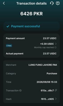 The image shows a successful payment transaction of 6426 PKR (~23.57 USDC + 0.39 USDC monthly cap fee) to "LUNG FUNG LAHORE PAK," a Pakistani merchant categorized as a Purchase, dated 2026/09/06 at 15:33. The transaction aligns with the post's caption by showing how tokenized assets (USDC stablecoin) were used to pay for Chinese food at Lung Fung in Lahore.