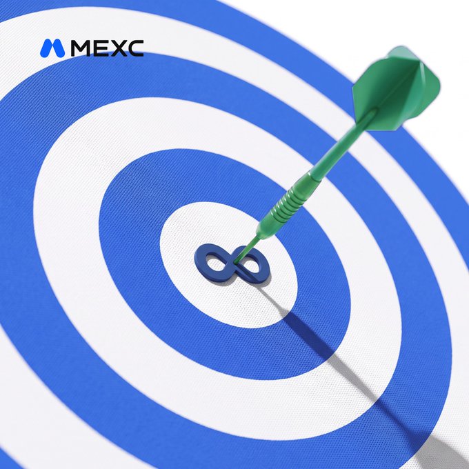 The image shows a green dart hitting the bullseye of a blue and white target, with the "MEXC" logo in the top-left corner and an infinity symbol at the center where the dart lands—visually reinforcing the "Aim for infinite" message.