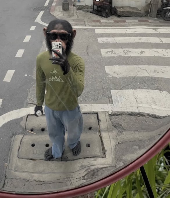A monkey wearing sunglasses, a green long-sleeved shirt, and jeans stands on a street manhole cover taking a mirror selfie with a smartphone.