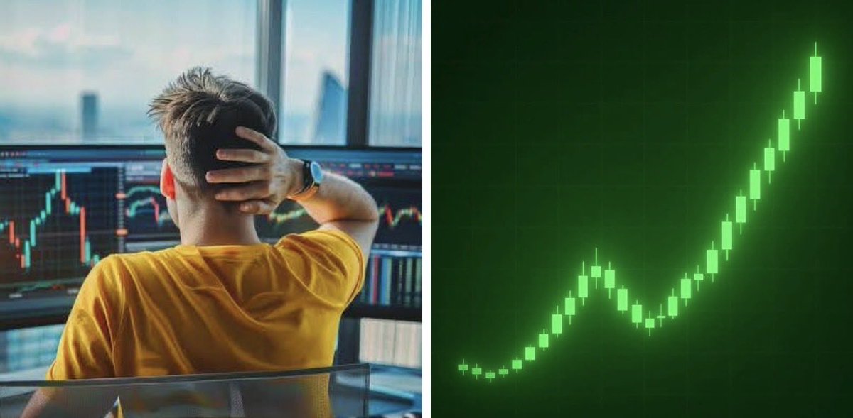 A split image: on the left, a person with blonde hair in a yellow shirt looks at trading charts on multiple monitors, while on the right, a green candlestick chart shows a strong upward trend.