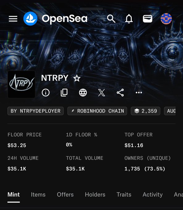 A screenshot of an OpenSea NFT collection page for 'NTRPY' on the Robinhood Chain, showing a floor price of $53.25 and a 24-hour volume of $35.1K.