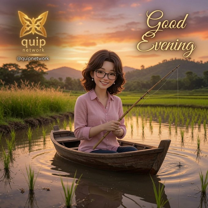 A digital illustration of a smiling woman with glasses sitting in a wooden boat in a rice paddy holding a fishing rod at sunset, with 'quip network @quipnetwork' logo and 'Good Evening' text.