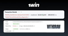 A '1win' transaction details page showing a successful withdrawal with multiple transaction IDs and blockchain details.