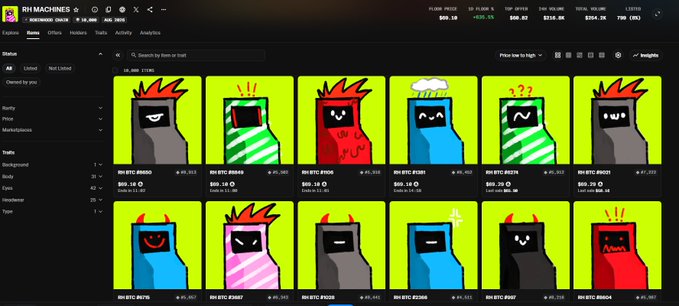 A screenshot of the Magic Eden NFT marketplace showing the 'RH MACHINES' collection, featuring various robot-like character NFTs priced around 0.1 ETH, with a floor price of 0.10.