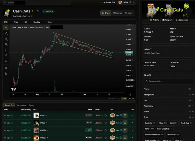 A dashboard displaying "Cash Cats" NFT market data on ETH, showing a descending channel pattern on the 4H price chart with a current floor price of 0.0284 ETH (~$94) and 10K assets. The image supports the post by showing recent purchases of Cash Cats NFTs (#1213, #1300, #3294, #3507) at around 0.0285 ETH, reinforcing the author's bullish thesis of a potential 1 ETH+ floor as CASHCAT trends upward.