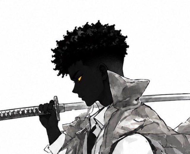 A stylized illustration of a dark-haired figure in profile, wearing a textured coat and carrying a katana sword across their shoulders, with glowing yellow eyes that stand out against the black-and-white monochromatic artwork.