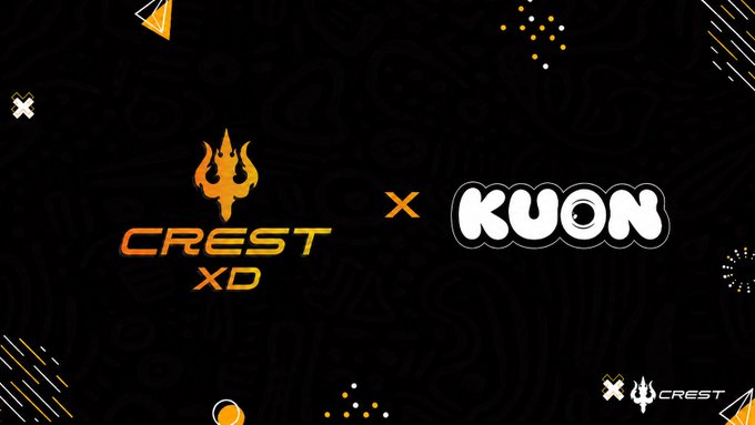 A graphic showing a collaboration between 'CREST XD' (with an orange trident-like logo) and 'KUON' (in white bubble letters) on a black background with yellow geometric accents.