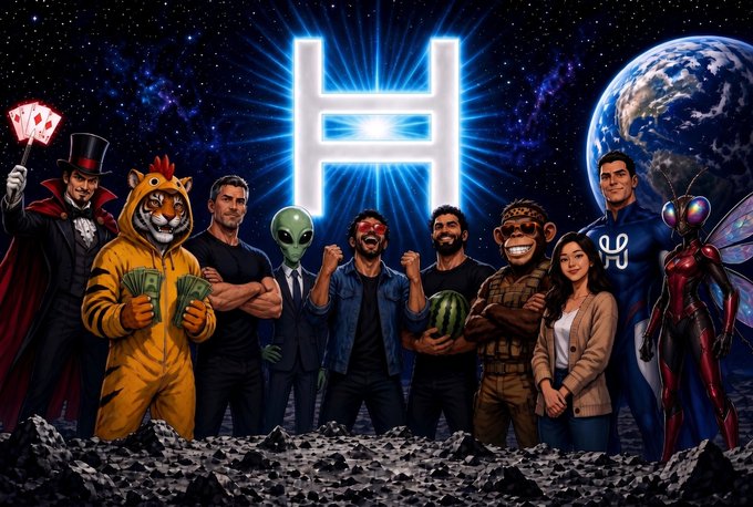 A dramatic digital illustration depicts a diverse group of characters, including a magician in a top hat, a person in a tiger costume, an alien, a watermelon-headed figure, and a superhero, all standing together against a cosmic backdrop with a large glowing 'H' symbol and Earth.