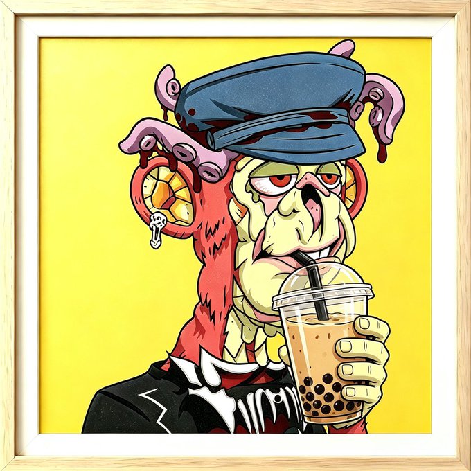 A grotesque zombie-like monkey with an exposed brain, bleeding wounds, and a blue military cap sips bubble tea through a straw against a bright yellow background, complementing the post's humorous take on the unhealthy beverage choice.