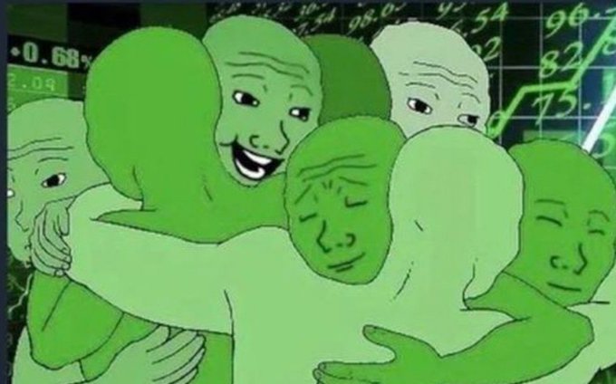 A group of green, bald meme characters embrace in a group hug in front of a stock chart showing various numbers like 0.68, 96.54, and 82.5, visually symbolizing unity and collective celebration of stock market gains that match the post's "We'll keep Winning" sentiment.