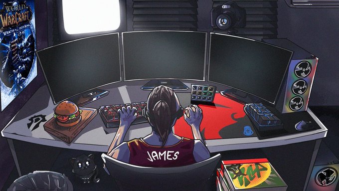 The illustration depicts a person labeled "JAMES" gaming at a triple-monitor setup with a burger and "World of Warcraft: Shadowlands" poster, embodying the lifestyle that crypto gains are meant to fund. The image symbolizes how rising crypto profits could transform a gamer's passion into a professional or profitable endeavor.
