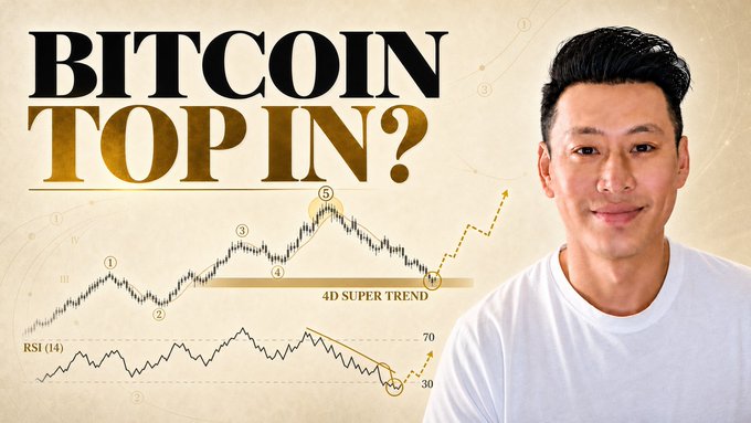 A thumbnail for a video asking 'BITCOIN TOP IN?' featuring a man in a white shirt next to a technical analysis chart showing a '4D SUPER TREND' and RSI indicator.