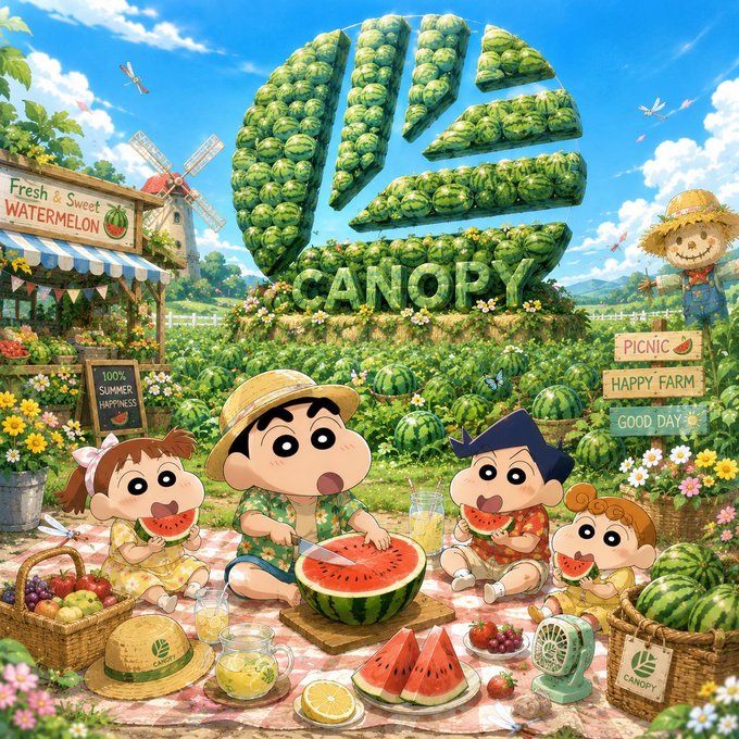 An illustrated summer scene featuring cartoon characters enjoying watermelon at a picnic under a large watermelon-themed 'CANOPY' sign, with signs reading 'Fresh & Sweet Watermelon,' '100% Summer Happiness,' 'Picnic,' and 'Happy Farm.'