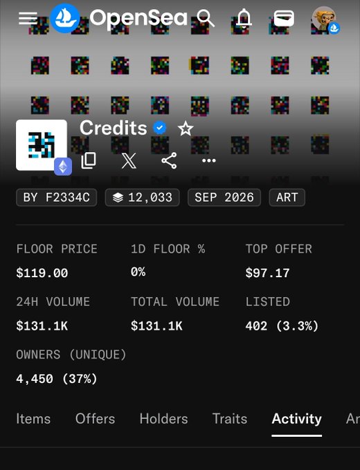 A screenshot of the OpenSea platform showing the 'Credits' NFT collection by F2334C, with a floor price of $119.00, 12,033 items, and 4,450 unique owners.