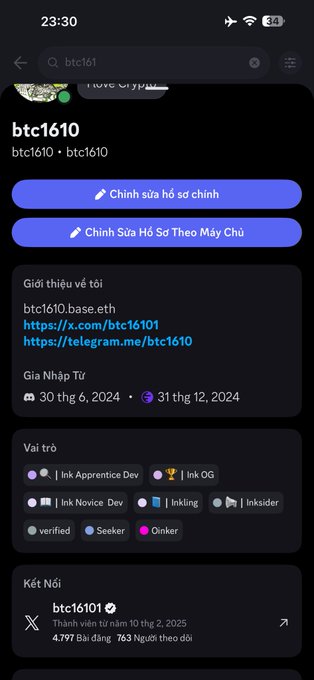 A Telegram profile page for btc1610 showing bio links to btc1610.base.eth and telegram channels, along with member roles and join date from 30 thg 6, 2024 to 31 thg 12, 2024.
