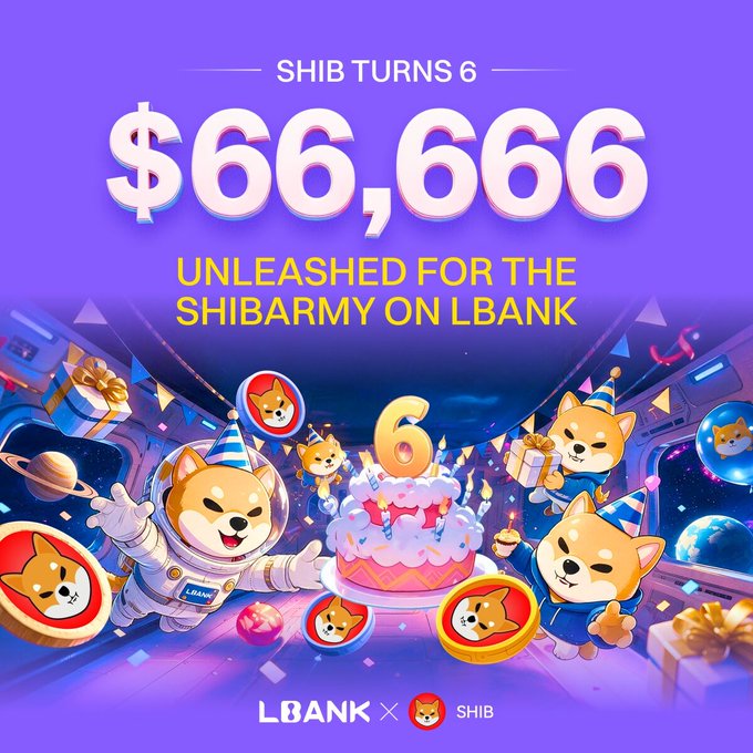 A promotional graphic reading "SHIB TURNS 6 — $66,666 UNLEASHED FOR THE SHIBARMY ON LBANK," featuring cartoon Shiba Inu dogs in astronaut suits and party hats with a birthday cake, branded with LBANK × SHIB logos.