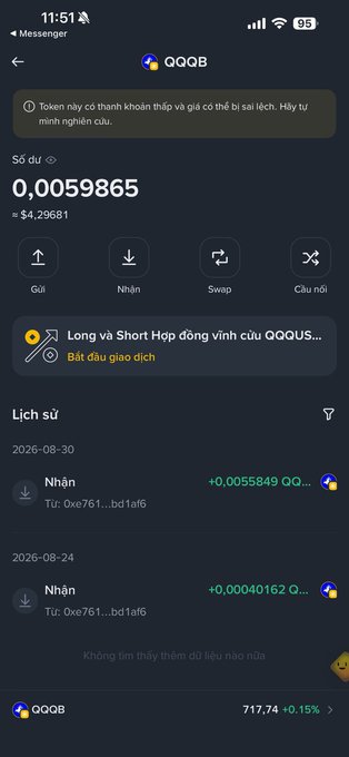 A Vietnamese-language cryptocurrency app screenshot showing a QQQB token wallet balance of 0.0059865 (≈ $4.29681) with recent transaction history, displayed on a mobile phone interface.