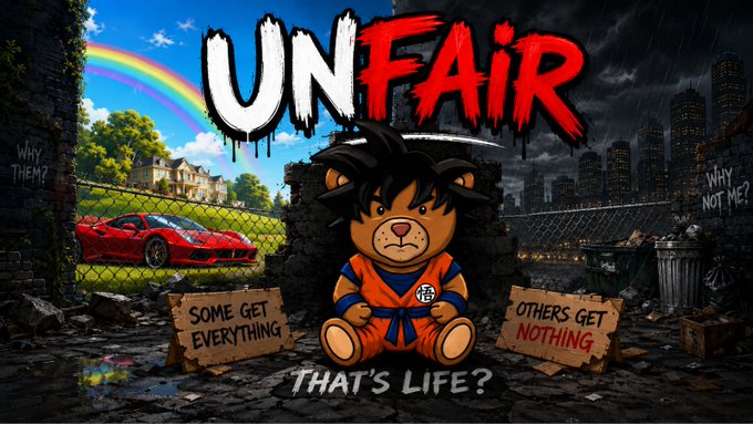 A cartoon teddy bear in a karate gi sits between two cardboard signs reading 'SOME GET EVERYTHING' and 'OTHERS GET NOTHING' with 'UNFAIR' and 'THAT'S LIFE?' graffiti on a wall behind.