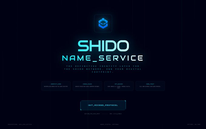 A futuristic digital interface displaying 'SHIDO NAME_SERVICE' as 'THE DEFINITIVE IDENTITY LAYER FOR THE SHIDO NETWORK' with options to identify, claim, set address, and view cost, plus an 'INIT_ACCESS_PROTOCOL' button.