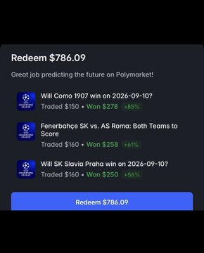 A Polymarket app screen showing a redemption offer for $786.09 with the message 'Great job predicting the future!', listing winning trades on sports questions about Como 1907, Fenerbahce SK vs. AS Roma, and SK Slavia Praha.