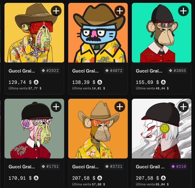An NFT marketplace displaying various "Gucci Grai..." collection items (#2922, #4072, #3855, #1751, #3721, #210) with prices ranging from 129.74 to 207.58, featuring cartoon monkey characters wearing hats and sunglasses.