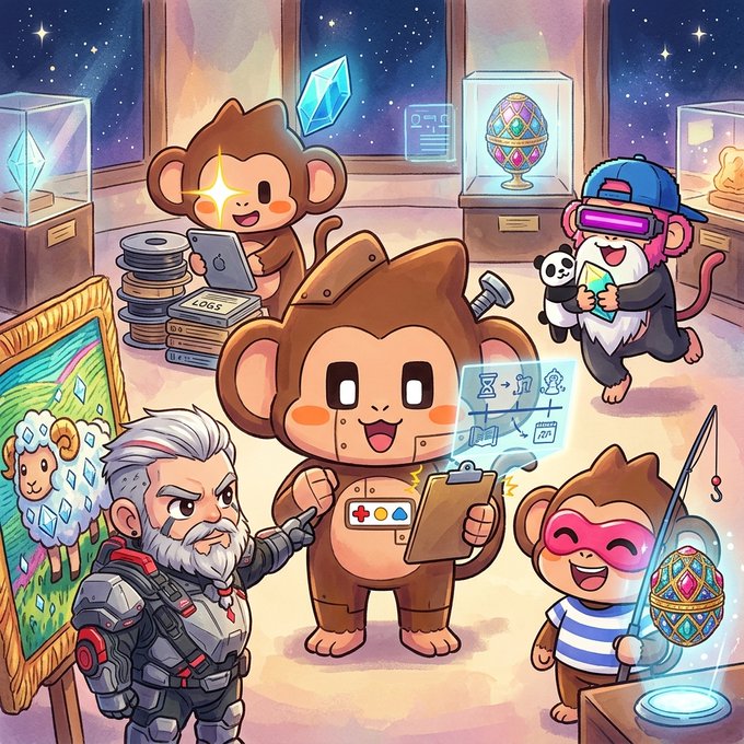 A colorful cartoon illustration featuring several cute monkey characters in various costumes, including one with VR goggles, a soldier-like figure with a gray beard, and one holding a tablet displaying game icons, set in a starry room with display cases.