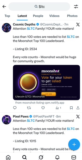 A Twitter/X mobile screenshot showing tweets from 'Cosmic Depths' and 'Pixel Paws' asking for votes to list $LTC on the Moonshot Top 100 Leaderboard, with a 'Moonshot Community Listing Vote' graphic.